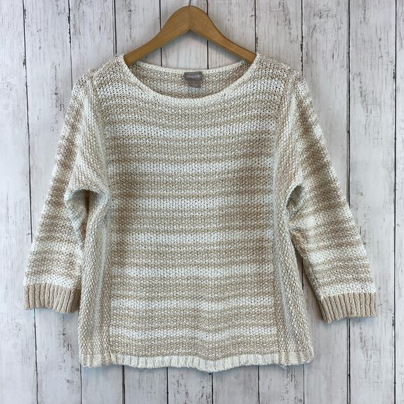 Chico's Tan/Cream Mixed Striped Bateau Neck Pullover Knit Sweater Size 1/Medium - Picture 1 of 7